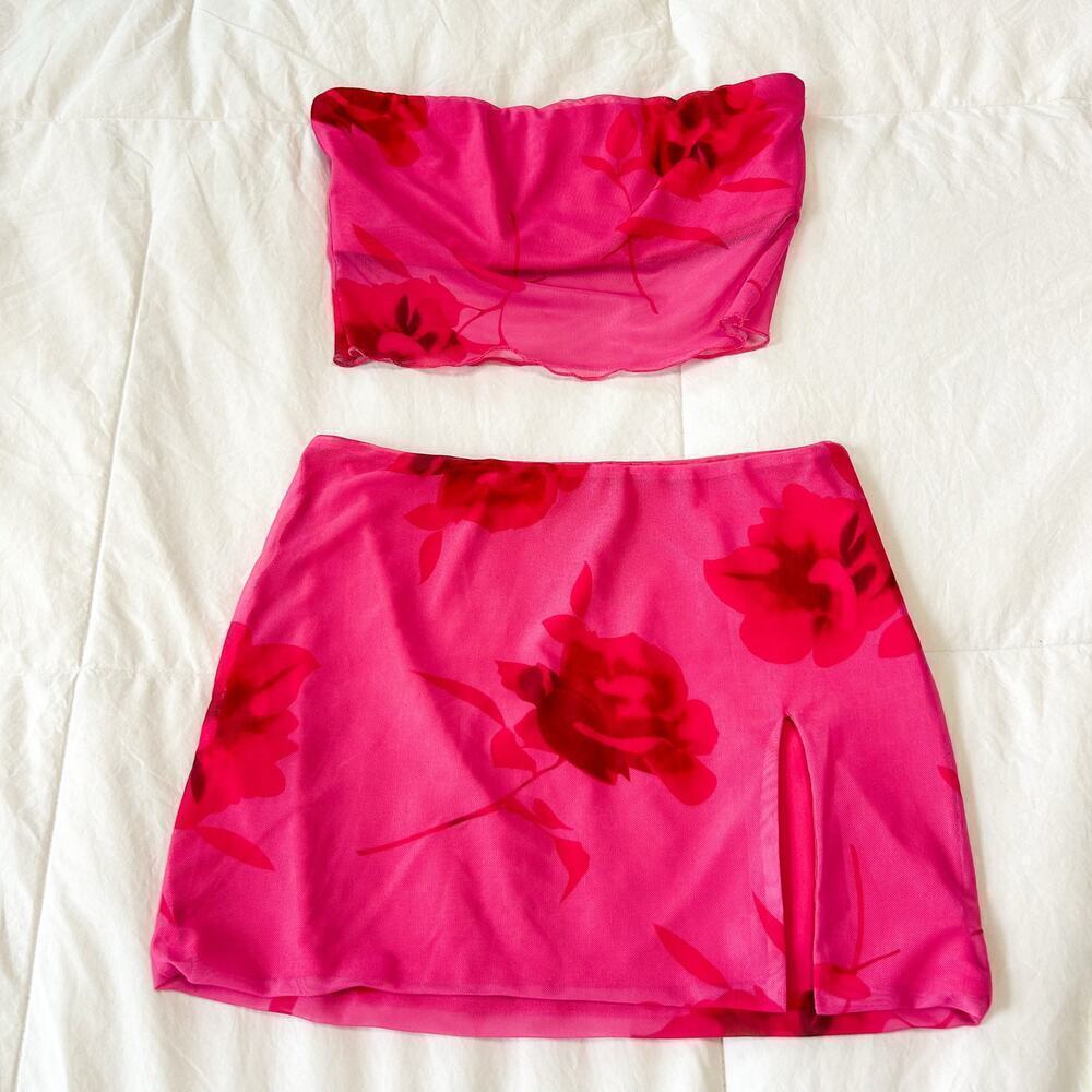 Princess Polly Corella Pink Floral Two Piece Set Skirt & Crop Top Size 4 - Picture 3 of 7